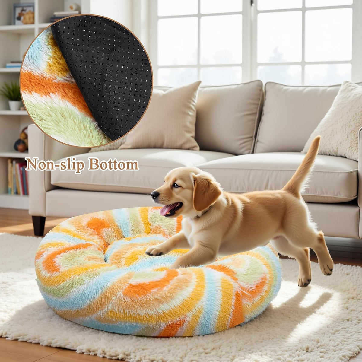 Calming Soft Round Dog & Cat Bed, Donut Cuddler Warming Cozy Fluffy Plush Cushion Beds for Small Medium Sized Dog and Cat