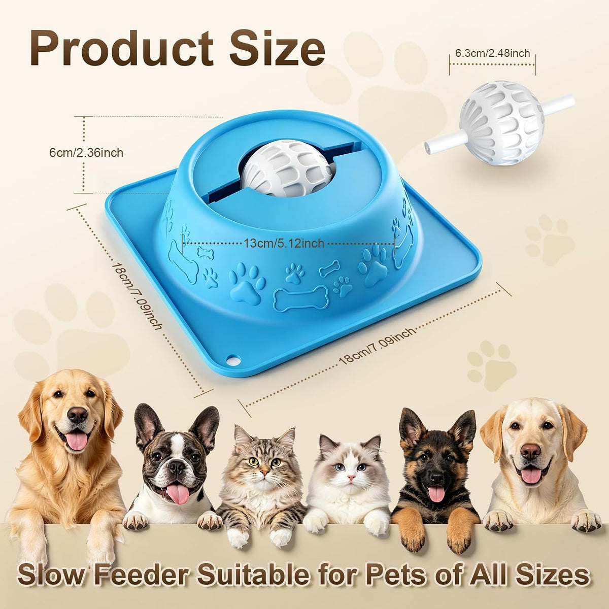 Slow Feeder Lick Bowl for Dogs and Cats, Anti-Slip Pet Water Bowl with Smooth Rolling Ball, No Spill Bowl for Water, Bone Broth, Yogurt & Pumpkin Puree, for Large Pets, Light Blue