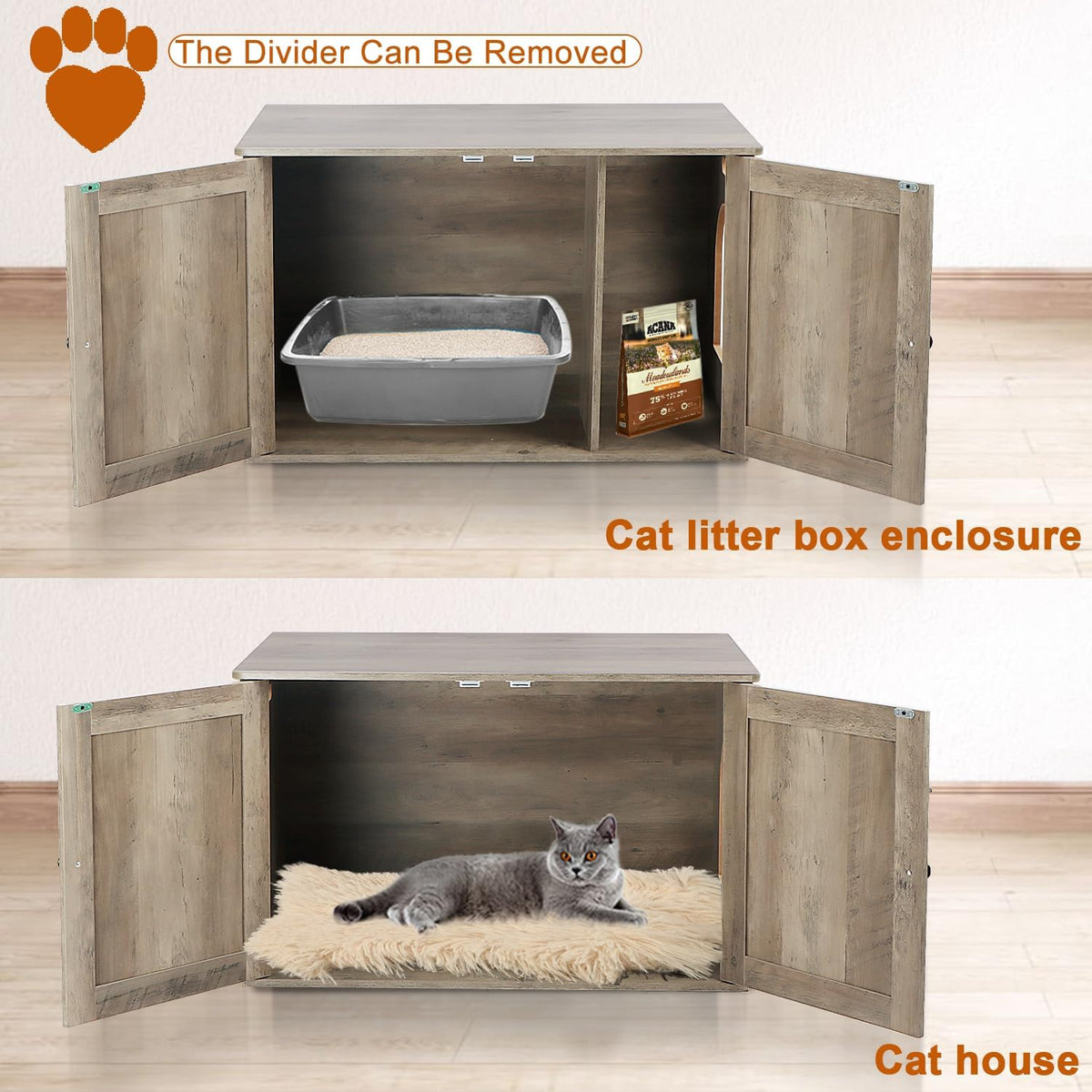 Timberer Cat Litter Box Enclosure, Hidden Litter Box Furniture with Divider | Wooden Cat Washroom Furniture, Indoor Cat House, Dog-Proof, Fits Most of Litter Box, Grey
