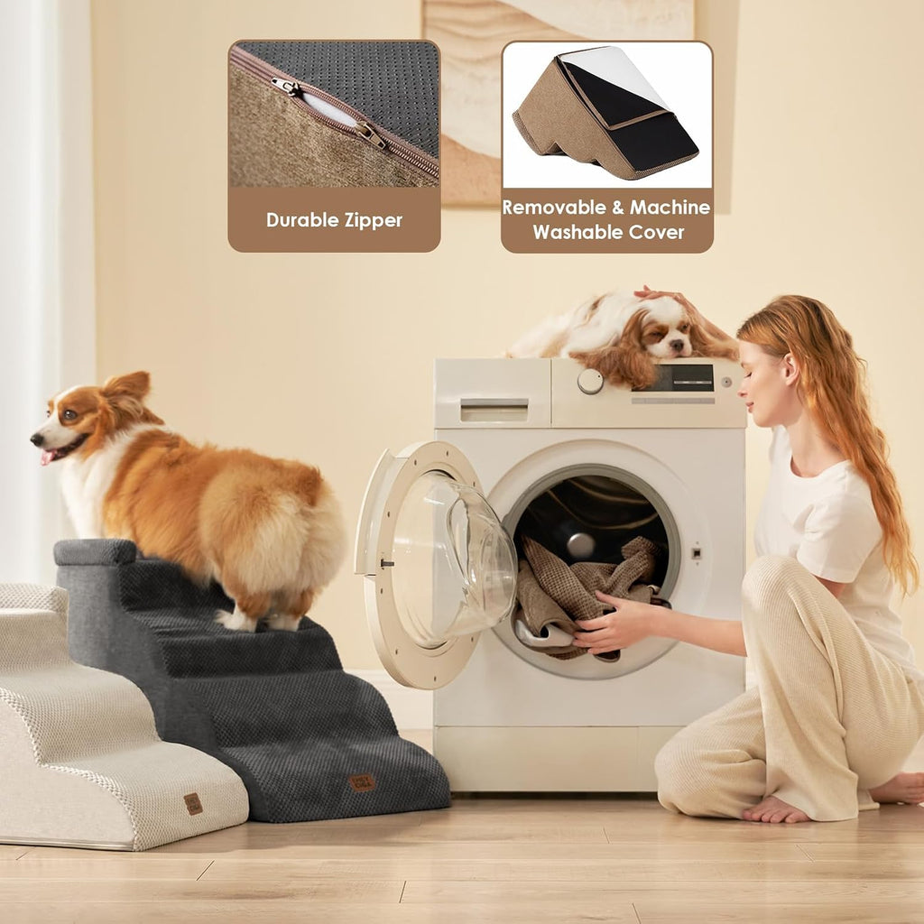 EHEYCIGA 3-Step Curved Dog Stairs for Small Dogs 14" H, Camel