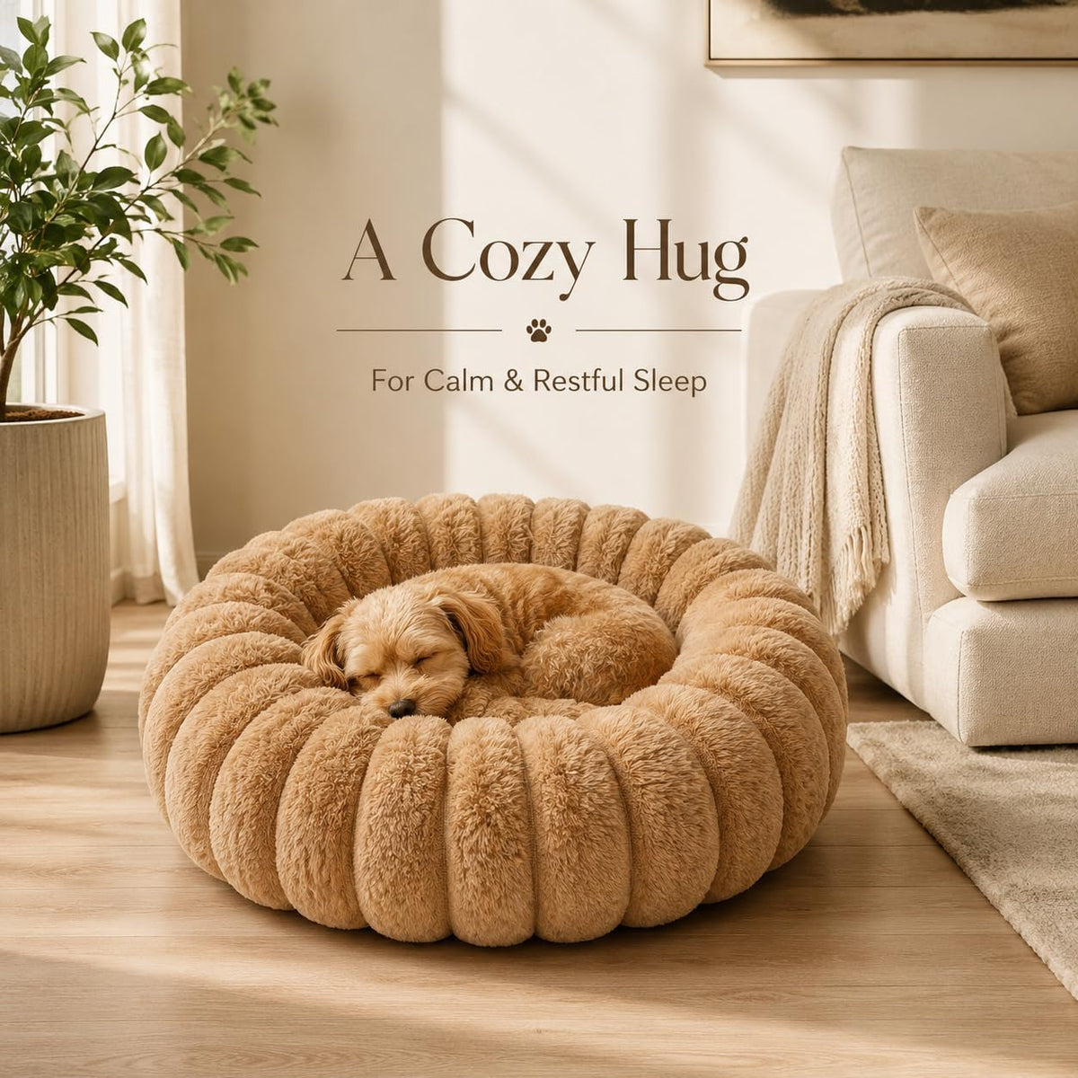 Calming Dog Bed Medium Size Dog Donut Washable Pet Bed, 31.5” Khaki