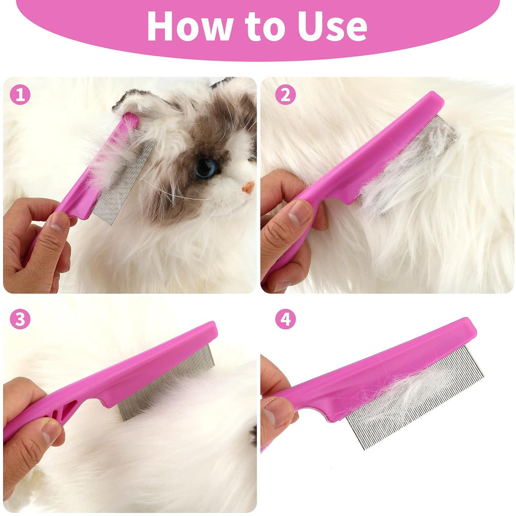 TIESOME Pet Hair Comb Tear Stain Removal,2 Pack Multifunctional Pets Grooming Comb Kit 2 in 1 Dog Combs Stainless Grooming Massage Dual-Sided Comb for Knots Crust Floating Hair Tangle Fleas(Pink)