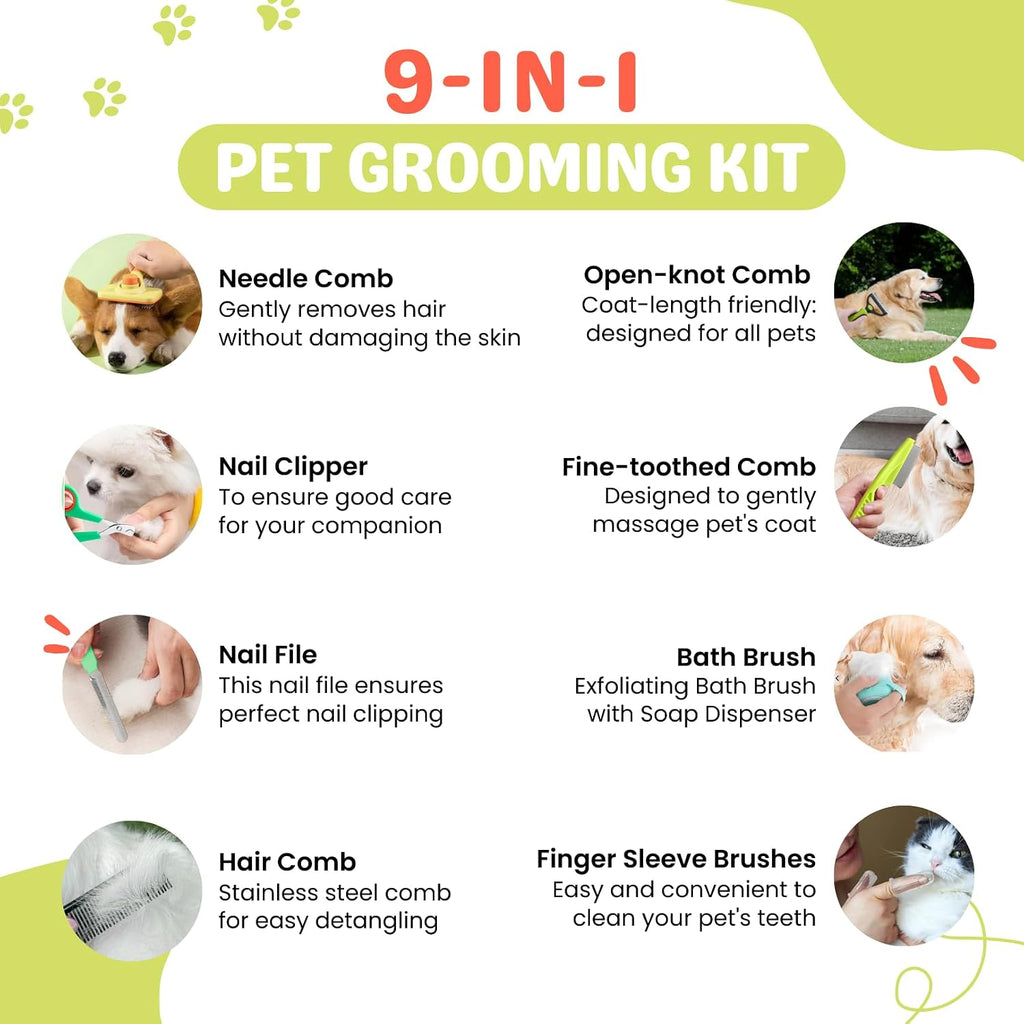 9Pcs Dog Grooming Kit - Self Cleaning Slicker Brush, Flea Comb, Nail Trimmer & Bath Brush - Pet Grooming Tools for Shedding, Trimming & Oral Care - For Dogs & Cats - Green