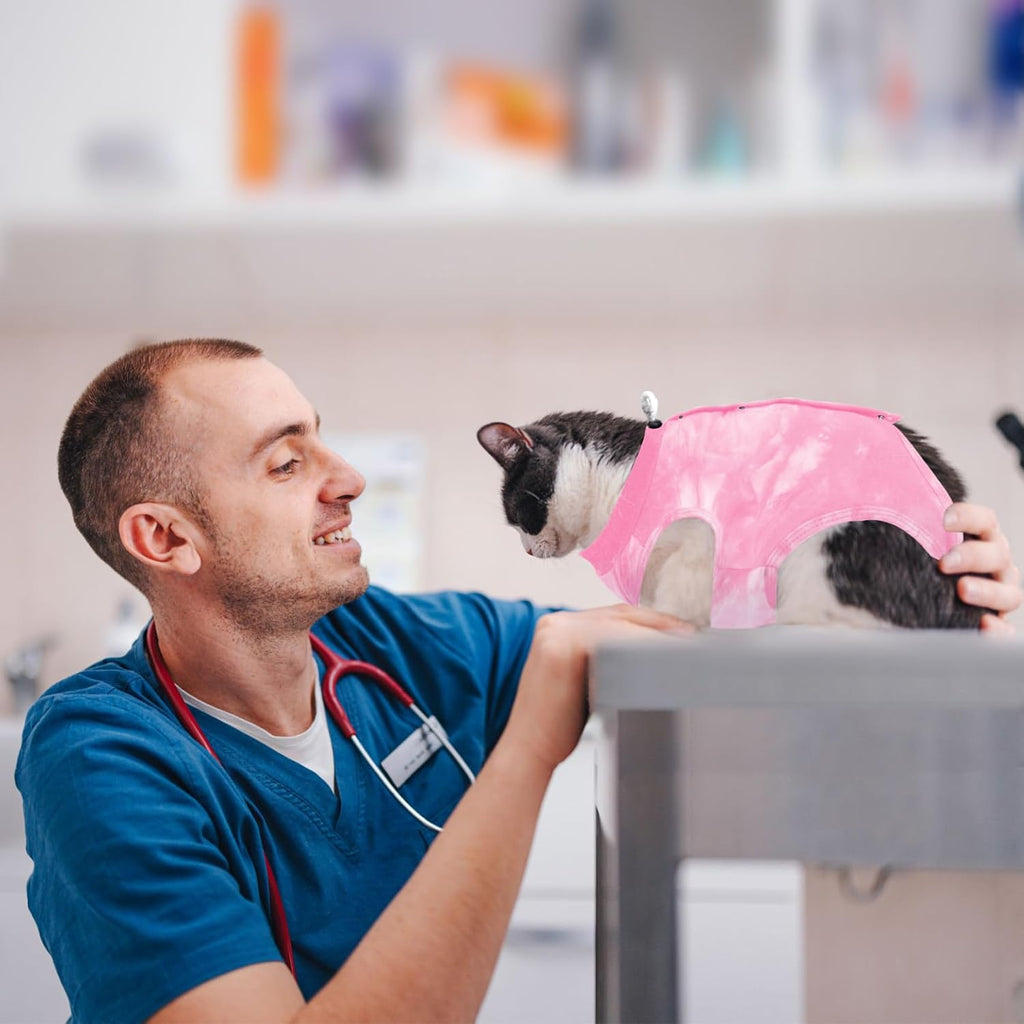Cat Recovery Suit for Male and Female Surgical Post Surgery Soft Cone Onesie Tie Dye Cats Shirt Clothes Neuter Licking Protective Diapers Outfit Cover Kitten Spay Collar Alternative(Pink, M)