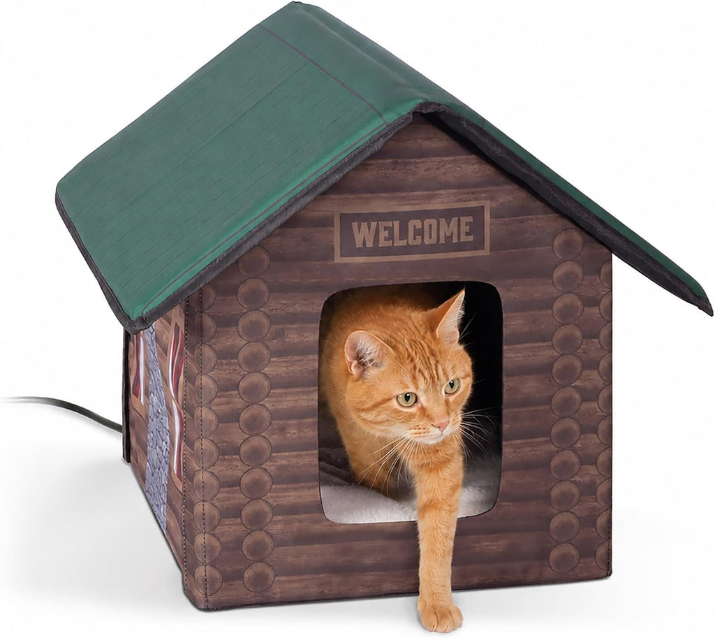 K&H Heated Cat House, Outdoor Kitty Shelter, Safety Listed, 20W, Log Cabin