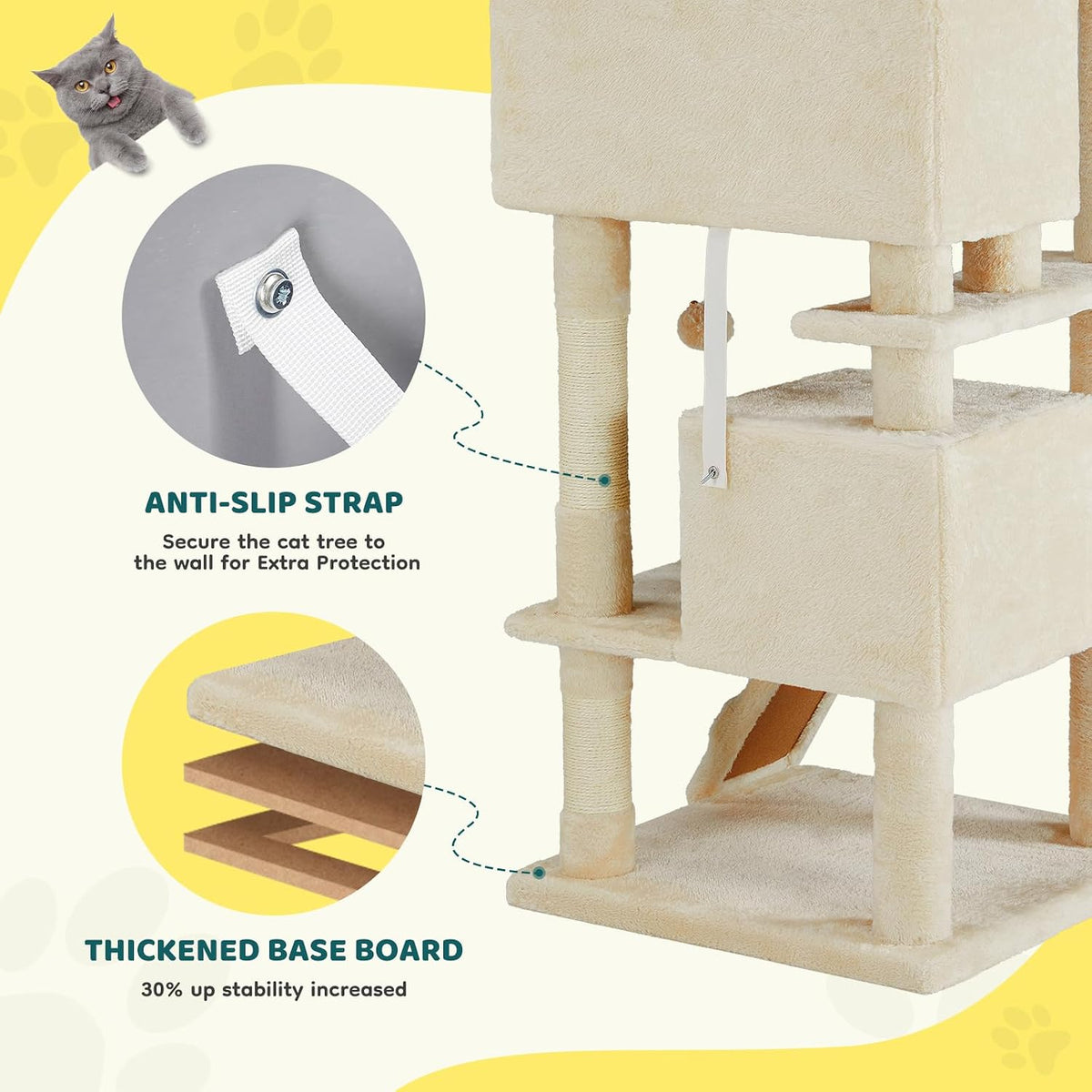 54 Inch Cat Tree Tower with Sisal Scratching Post, Multi-Level