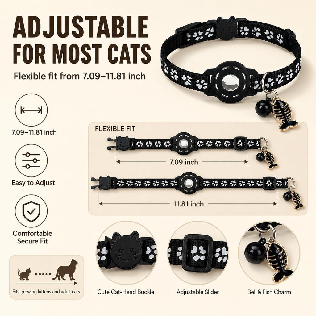 Cat Collar Breakaway 2packs, Reflective Kitten Collar with Apple Air Tag Holder and Bell for Girl Boy Cats, 0.4 Inches in Width and Lightweight (Black)