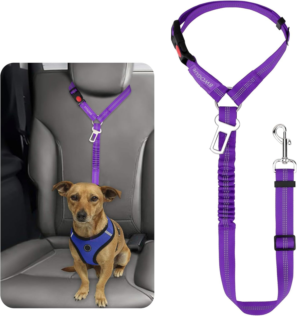 BWOGUE Dog Seat Belt for Car, Headrest Restraint Reflective Bungee, 1 Pack