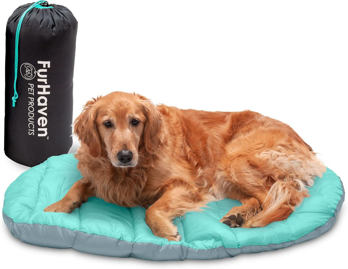 FurHaven Outdoor Travel Dog Bed for Large Dogs, Lightweight Trail Pup Travel Pillow Mat with Stuff Sack, Machine Washable & Foldable, Large, Aqua/Granite Gray