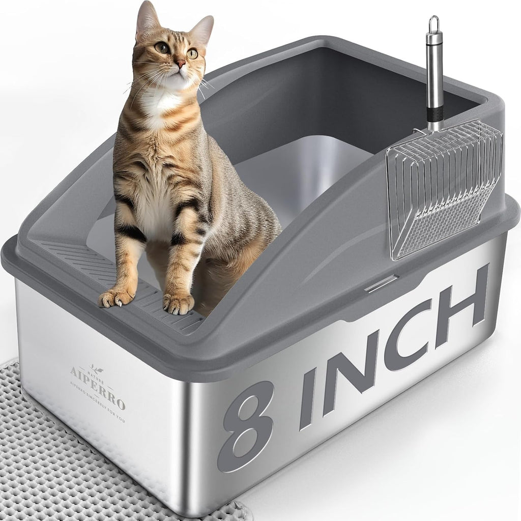 AIPERRO Stainless Steel Litter Box | XXL Deepened 8" Design Metal Cat Box | High Sided with Lid for Big Cats | Anti-Urine Leakage | Non-Stick Bottom & Easy to Clean | Includes Litter Mat & Metal Scoop