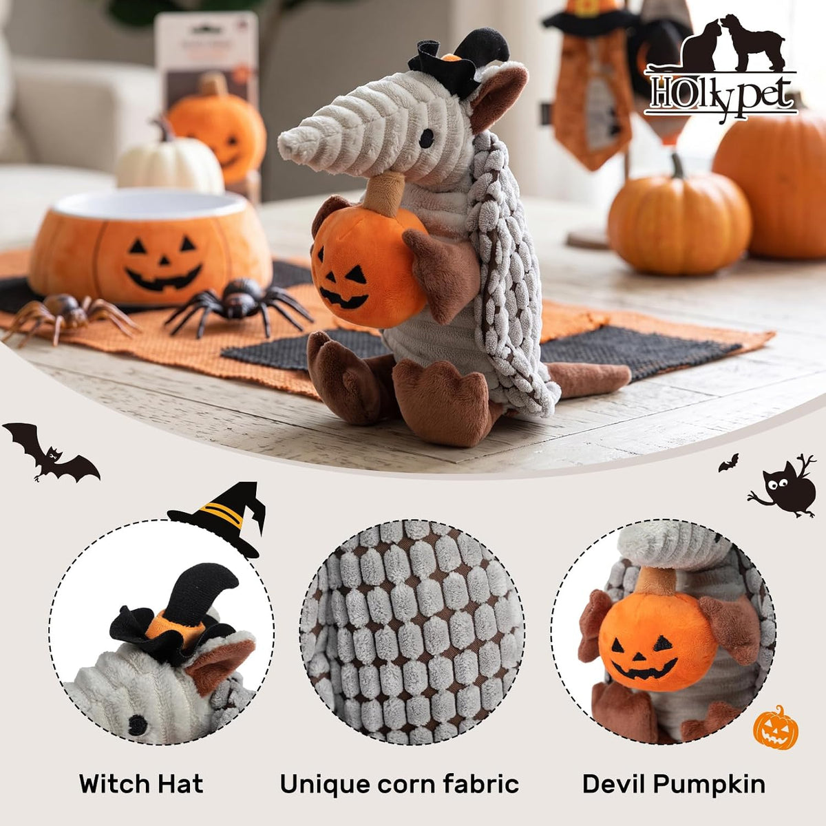 Hollypet Armadillo Squeaky Puppy Dog Toys for Small Medium Dogs, Halloween | plush stuffed small dog squeak animal toy with unique grunt squeaker textured fabric for teeth cleaning toys