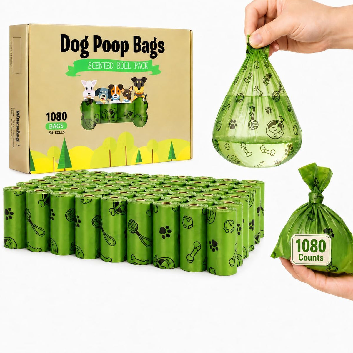 1080PCS Dog Poop Bags Bulk– Strong Leakproof for Clean Hands | Scented Dog Waste Bags Refill Rolls with Strong Seams for Daily Walks Outdoor Cleanup and Multi-Dog Homes - Green