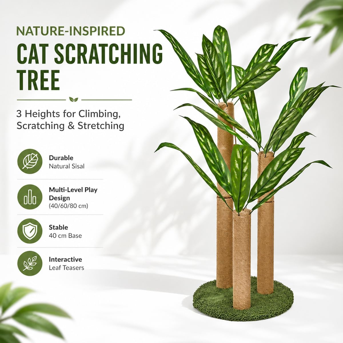LEMONDA 31.5Inch Cat Scratching Post,Cat Scratcher Tree with 3 Scratching Poles & 2 Interactive Dangling Balls,Cats Scratching Posts for Indoor Kitten & Adult Cats (Calathea Tree)