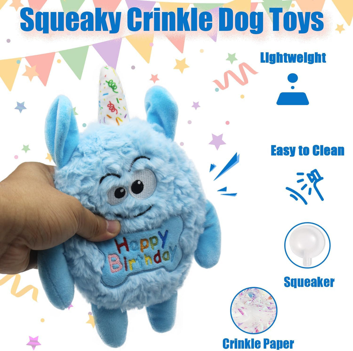 Monster Dog Birthday Toy for Gifts, Stuffed Dog Plush Toy, Blue | Crinkle Squeaky, Soft Lightweight Toy for Fetch and Chew, Interactive Outdoor Indoor Play for Tug, For Puppy Small Medium Dog