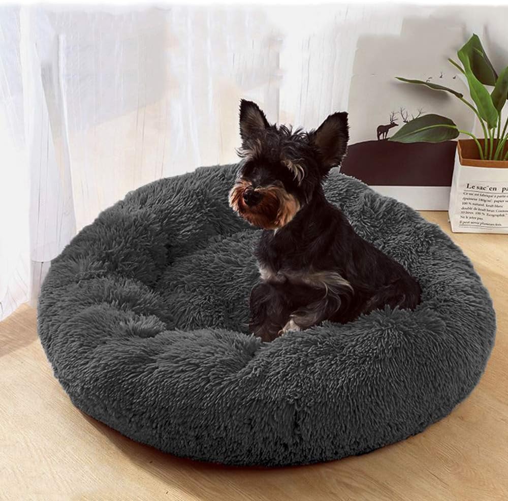 Plush Calming Donut Dog Bed for Small to Medium Dogs, 28 Inch Round Pet Bed