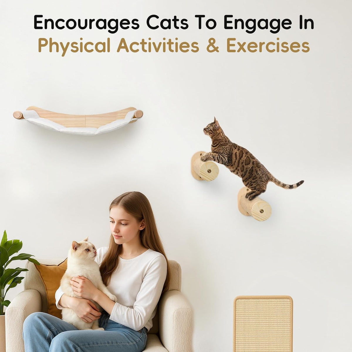 Cat Wall Hammock, 2 Pcs Cats Climbing Shelf, Large Wall Shelves Bed and Scratcher Board for Climbing, Sleeping, Playing, Scratching Mat,for Indoor Cat Mounted Furniture Perch