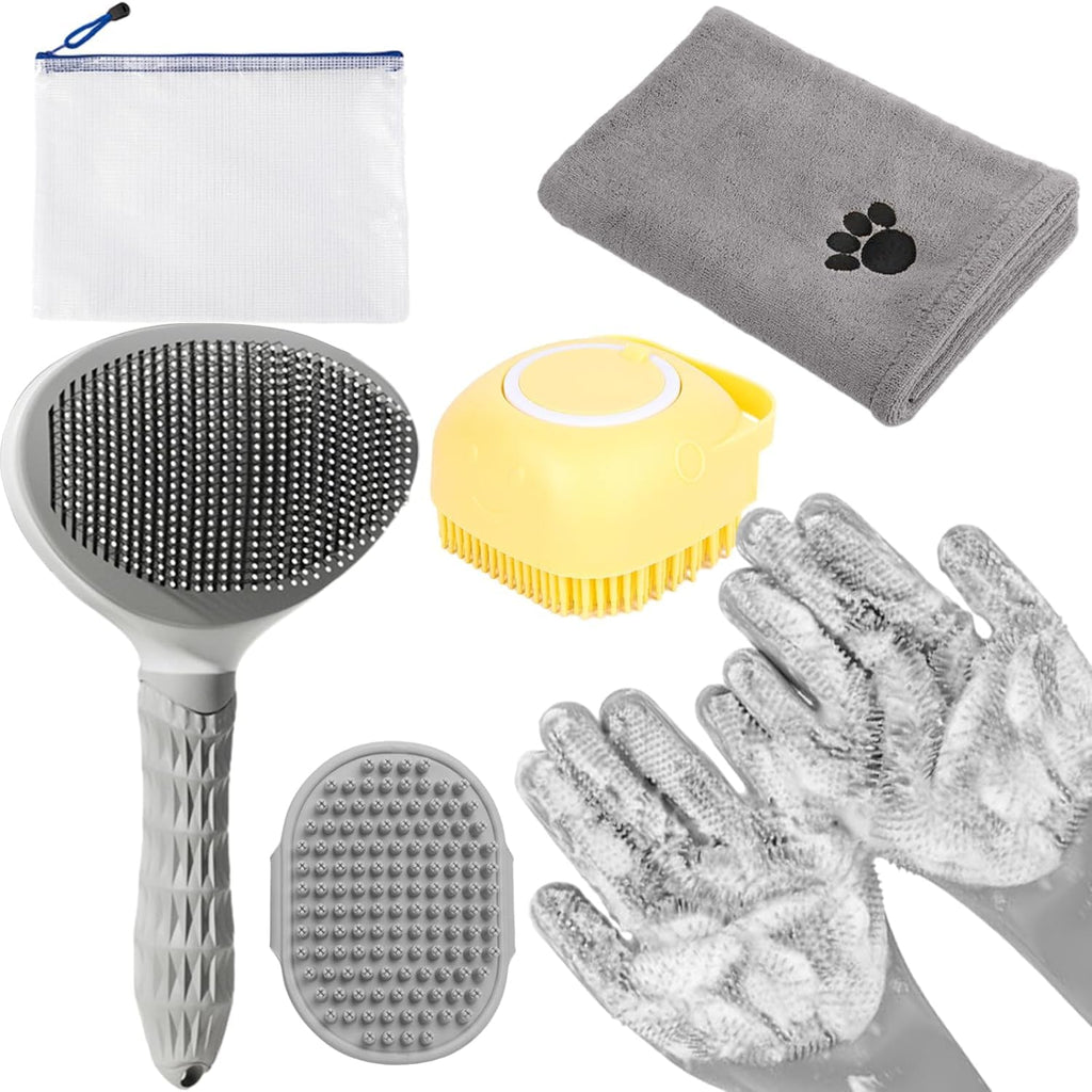 6-in-1 Grey Pet Grooming Kit: Hair Brush, Towel, Washing Gloves, Slicker Brush, and Shampoo Scrubber for Dogs and Cats