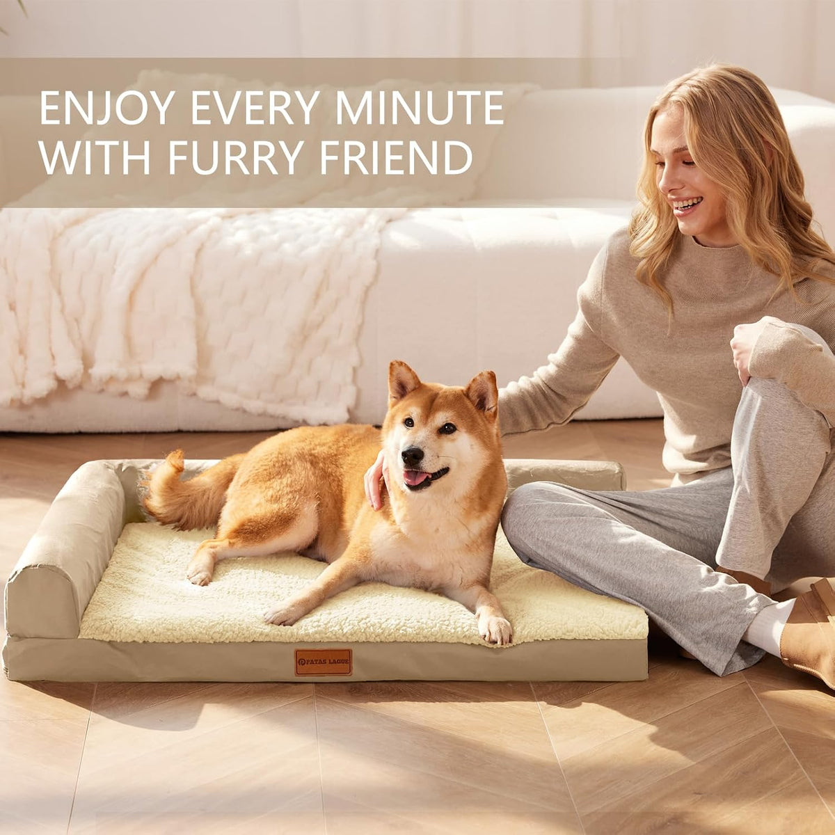 Patas Lague Orthopedic Medium Dog Bed Washable Pet Sofa Bed 30''X20''Beige