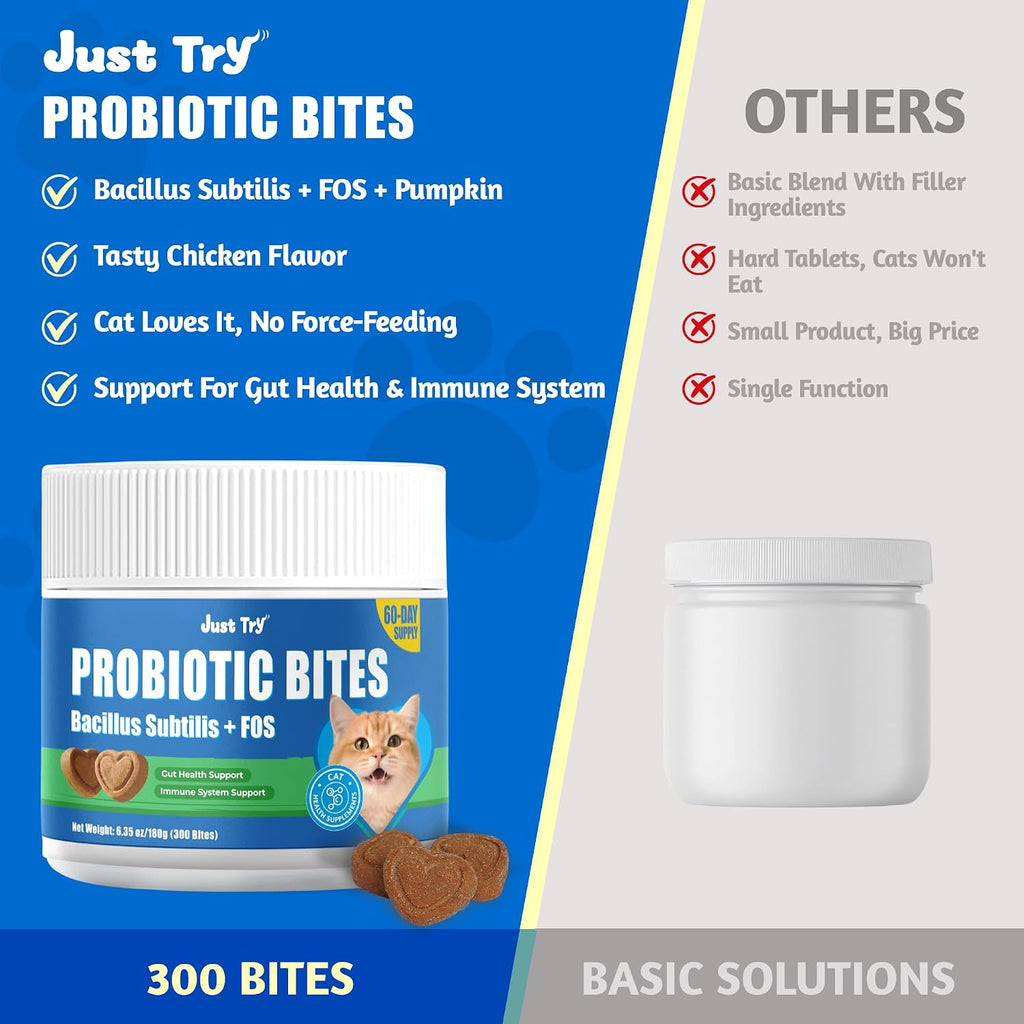 Just Try 300 Bites Cat Probiotic Bites Probiotics for Cats Chicken Flavor Healthy Cat Treats Digestive Support 6.35 oz