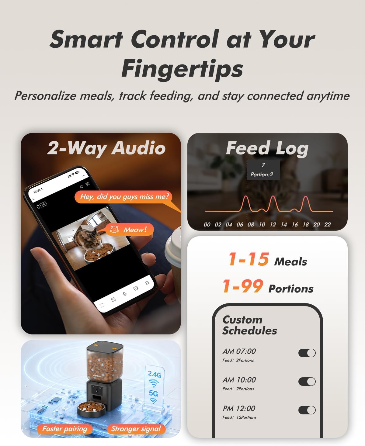 Automatic Dog Feeder with 2K Cameras - 8L/ 34 Cups Cat Food Dispenser for 2-18mm Dry Food, 2.4G&5G WiFi, Night Vision, 2-Way Talk, Up to 99 Portions 15 Meals Per Day, 10s Voice
