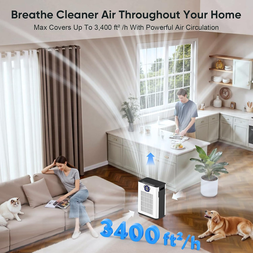 DAYETTE Pet Air Purifier for Home Large Room 3400 Ft², TVOC & PM2.5 Sensors