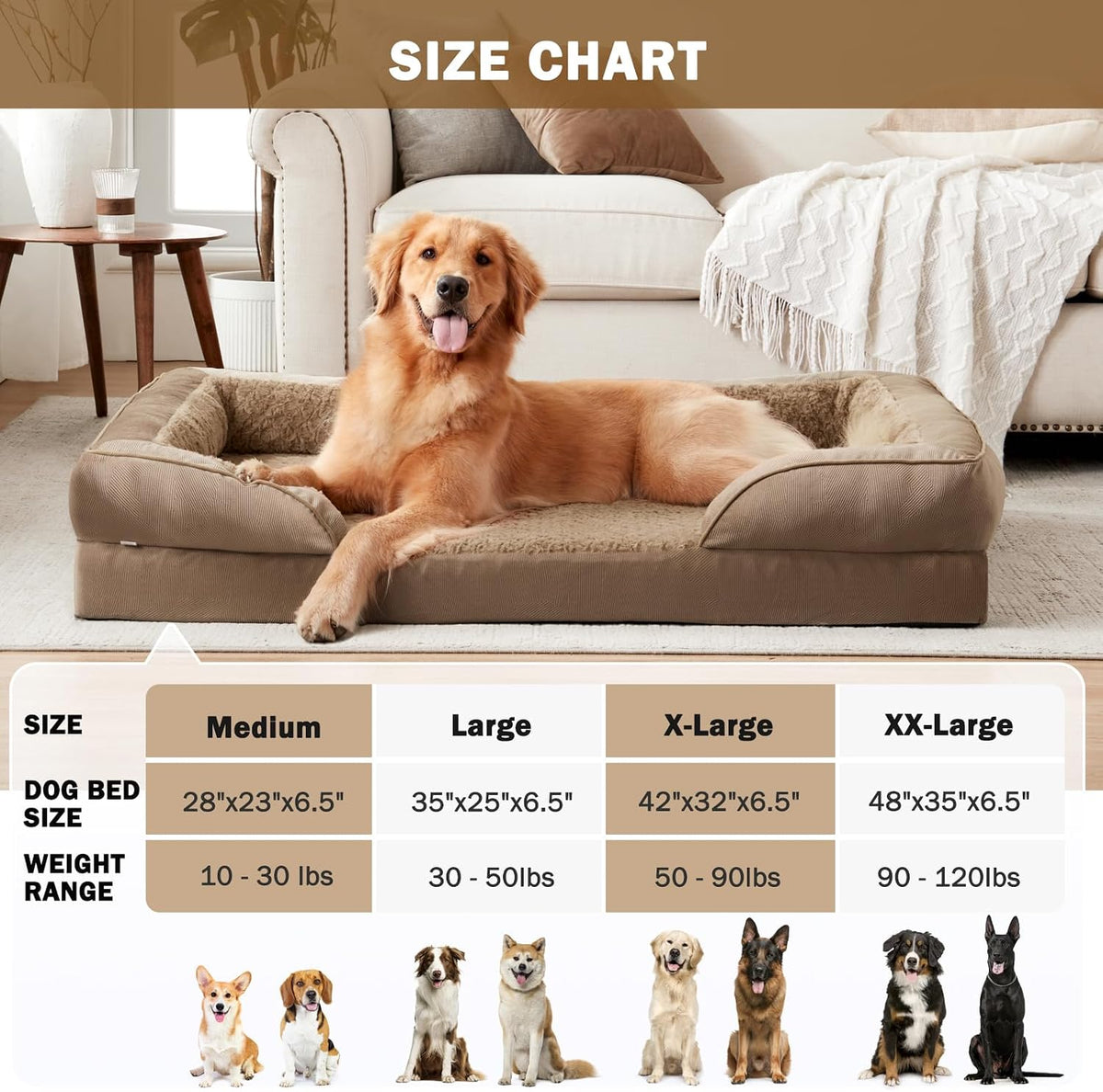INVENHO L Plus Orthopedic Dog Bed for Large Dogs, Washable Dog Sofa with Egg-Crate Foam, Waterproof Lining and Non-Skid Bottom