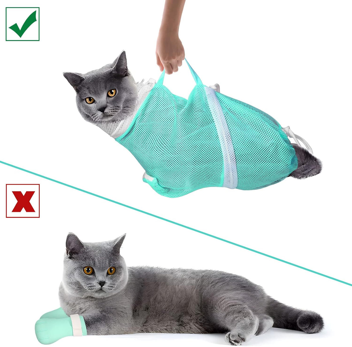 JULMELON 10 PCS Cat Washing Bag for Bath Shower Adjustable Net Grooming Set | Pet Brush Nail Clipper File, Hair Combs Tick Tool, Nail Caps, Bathing Trimming Examination, Pink and Green
