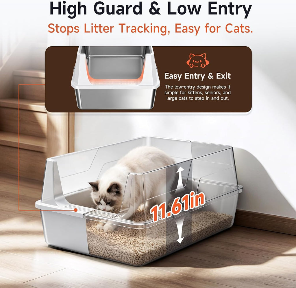 XXL Stainless Steel Cat Litter Box with High Guard Anti-Leak Scoop, Gray