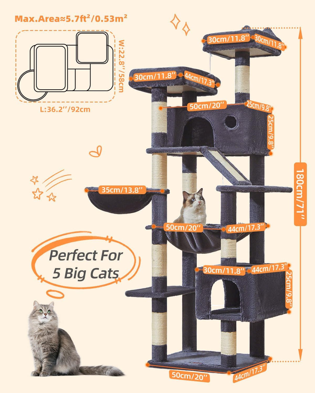 Taoqimiao Cat Tree, 71 in Extra Large Cat Tower for Inddor Cats, MS026LG