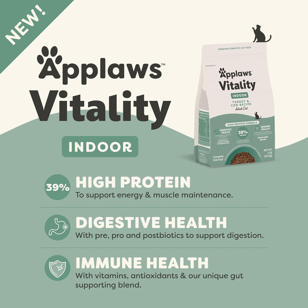 Applaws Vitality Indoor Turkey & Cod Grain Free Dry Cat Food 2 lb Bag