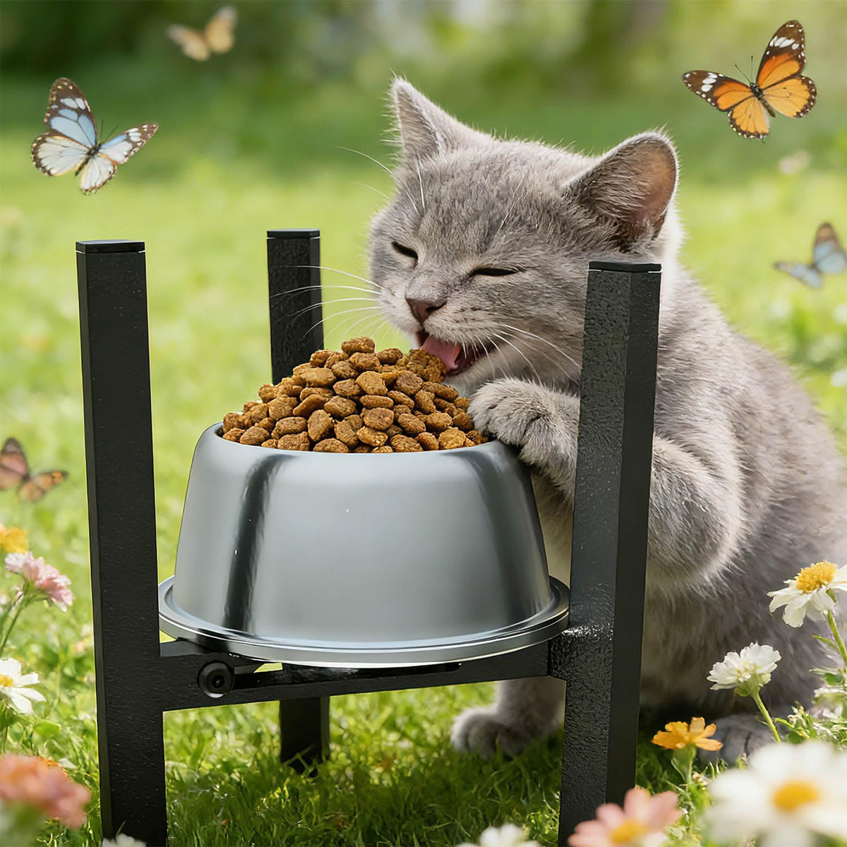 Elevated Cat Bowl Stand Good for Senior Cats Digestion Arthritis Relief - Adjustable Metal Feeder Riser, Fits 5.1-7.45” Round Bowls (No Bowls)（Black）
