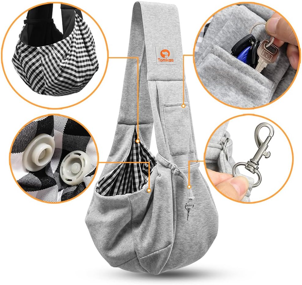 Tomkas Small Dog Cat Sling Carrier Puppy Purse Travel Wrap Soft Crossbody Pet Bag (Gray, M - Classic Pocket & Classic Strap)