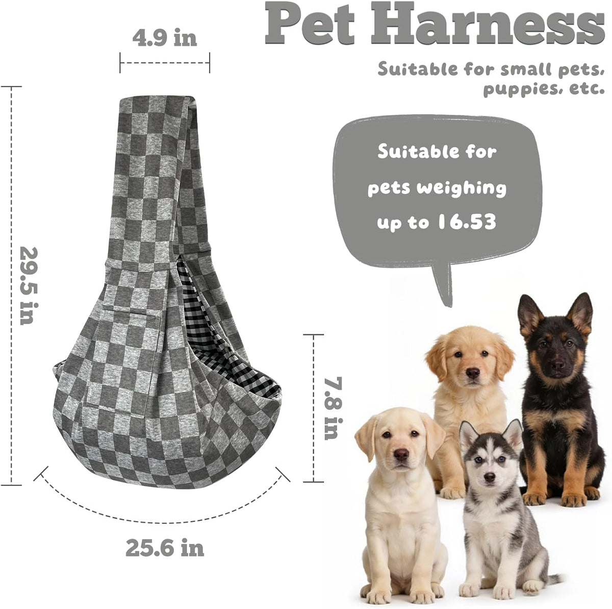Dog Sling Carrier for Small Dogs and Cats 5–16 lbs, Puppy Carrier Sling with Safety Hook and Storage Pocket, Hands Free Pet Carrier Purse for Travel, Walking, Shopping (Grey Check)