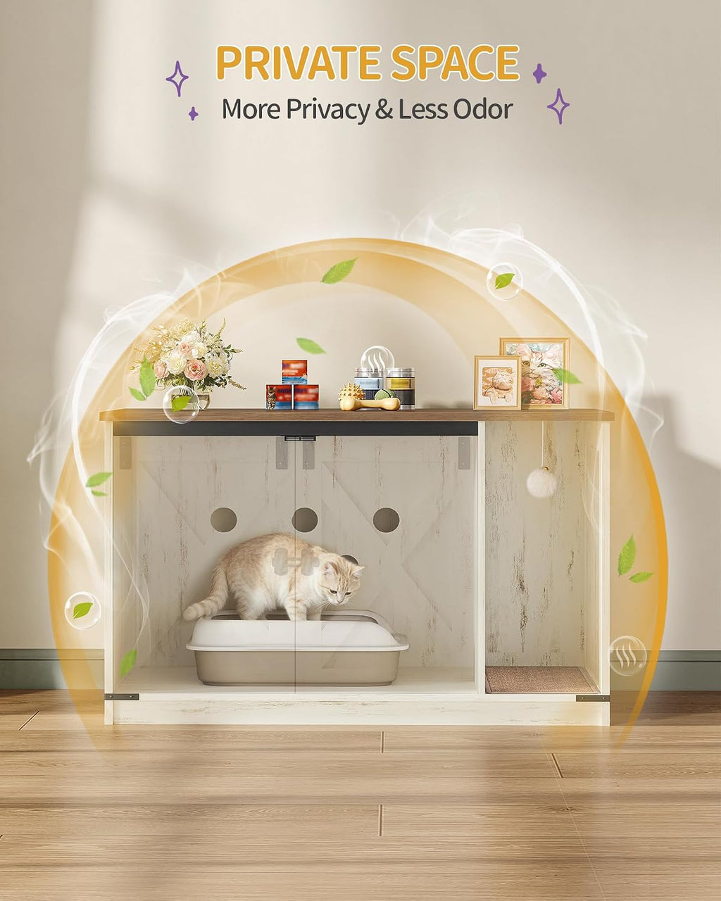 Hzuaneri Cat Litter Box Enclosure, Hidden Litter Box Cabinet Furniture | Indoor Cat House with Bell, Farmhouse Style, 31.5 x 19.7 x 20.9 Inches, for Hallway, Bedroom, Rustic Brown and White CB85214X