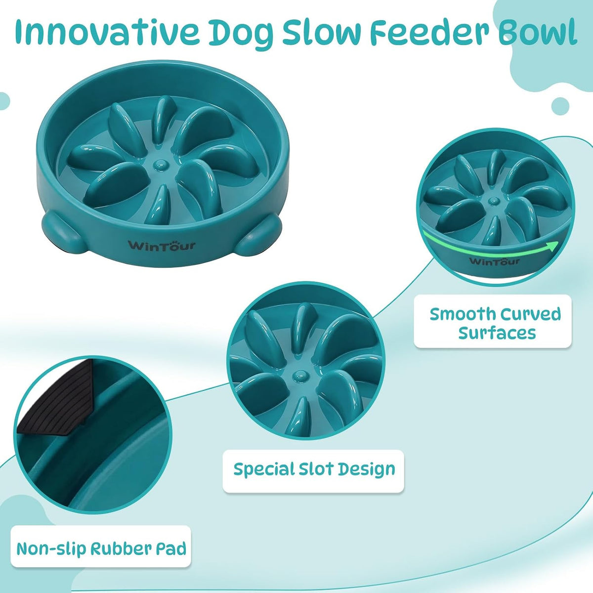 WinTour Slow Feeder Dog Bowls for Small Medium Pets, Round PP Dish, 1 Pack