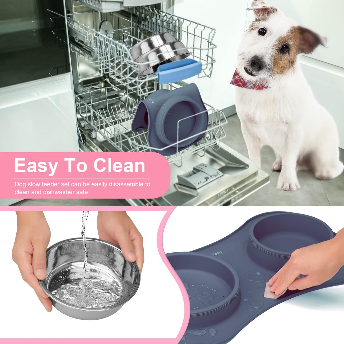 Slow Feeder Dog Bowls 3 in 1 Stainless Steel Food Water Bowl to Slow Eating | Durable, Non-spill & Non-skid with Silicone Mat Design, Slow Down Eating, Suitable for Small Medium Large Dogs and Cats