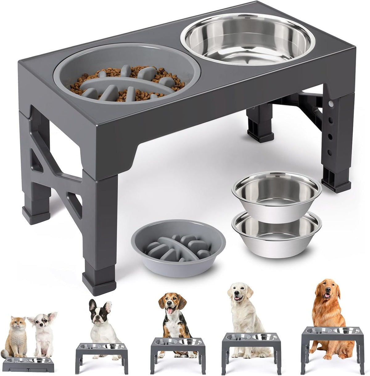 Elevated Dog Bowls with 5 Adjustable Heights Stand | 2 Stainless Steel Bowls, 1 Slow Feeder, 3.2" to 12.2" Hegiht Raised Dog Bowl for Small to Large Dogs