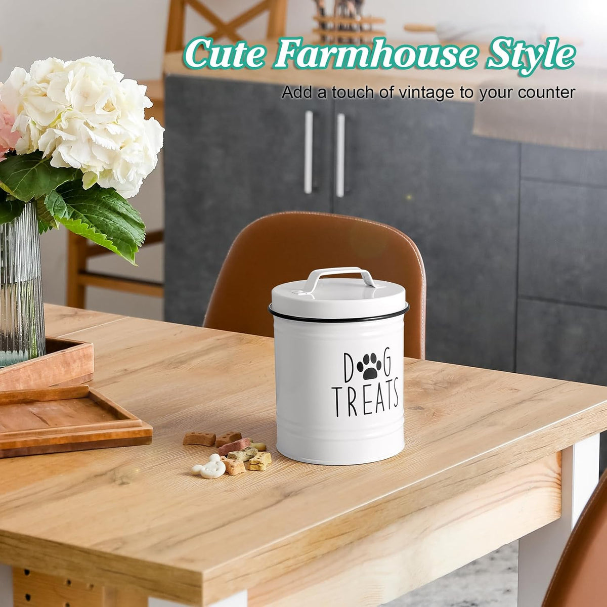 OUTNILI Small Dog Treat Container Airtight - 6" Tall X 4.9" Round White Dog Treat Jar for Kitchen Counter - Rustic Treat Storage Canister for Dogs, Cats, Small Animals - Gifts for Pet Owners