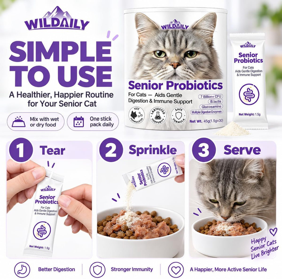 Probiotics for Cats with Prebiotics, 7 Billion CFU Digestive & Gut Health Support for Senior Cats, Daily Probiotic Powder for Older Cats, 30 Stick Packs