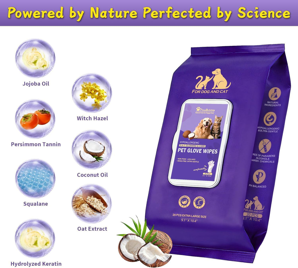 Pet Glove Wipes, Cleaning Wipes for Full-Body Grooming (20 Count)