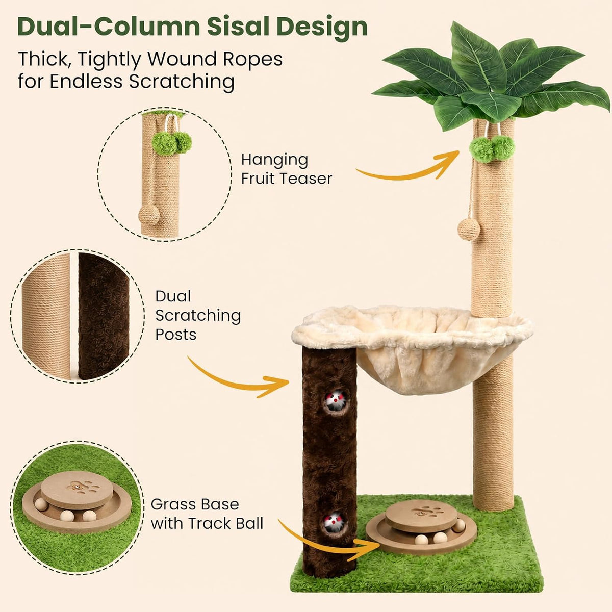 MIBOTE 35" Cat Scratching Post with Bed & Toys Palm Tree Cat Tower