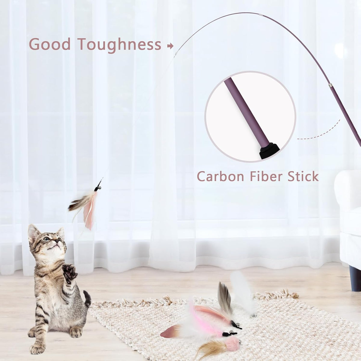 SONGWAY Interactive Cat Feather Toy Set - Retractable Teaser Wand with 6 Pcs Feather Refills with Bell, Cat Wand Toys for Indoor Cats Kittens Play Chase Exercise, Light Pink