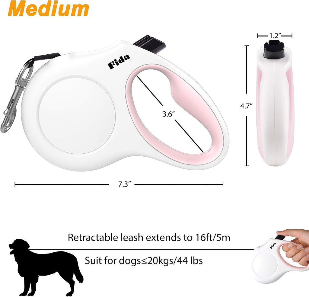 Fida Retractable Dog Leash with Dispenser and Poop Bags, 16ft, White & Pink