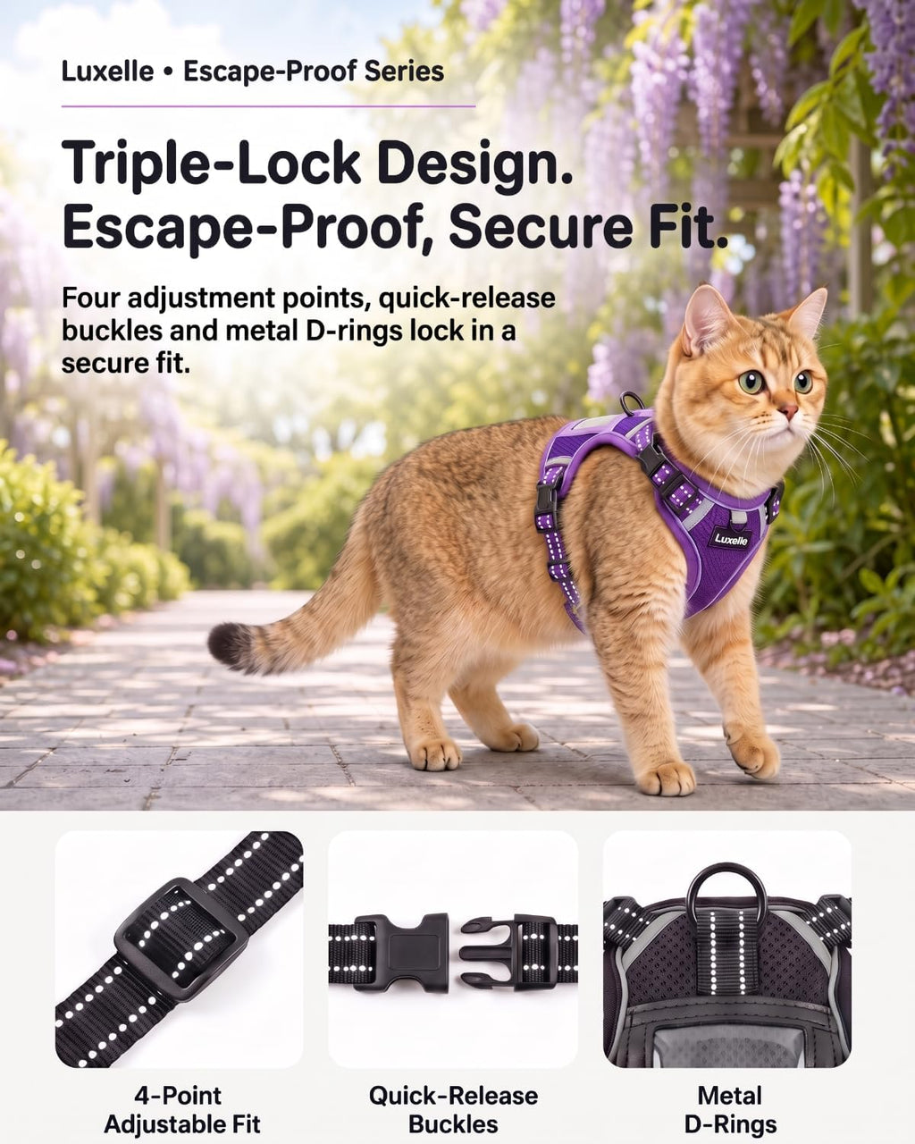 Luxelle Escape Proof Cat Harness with Retractable Leash & Wrist Strap Set