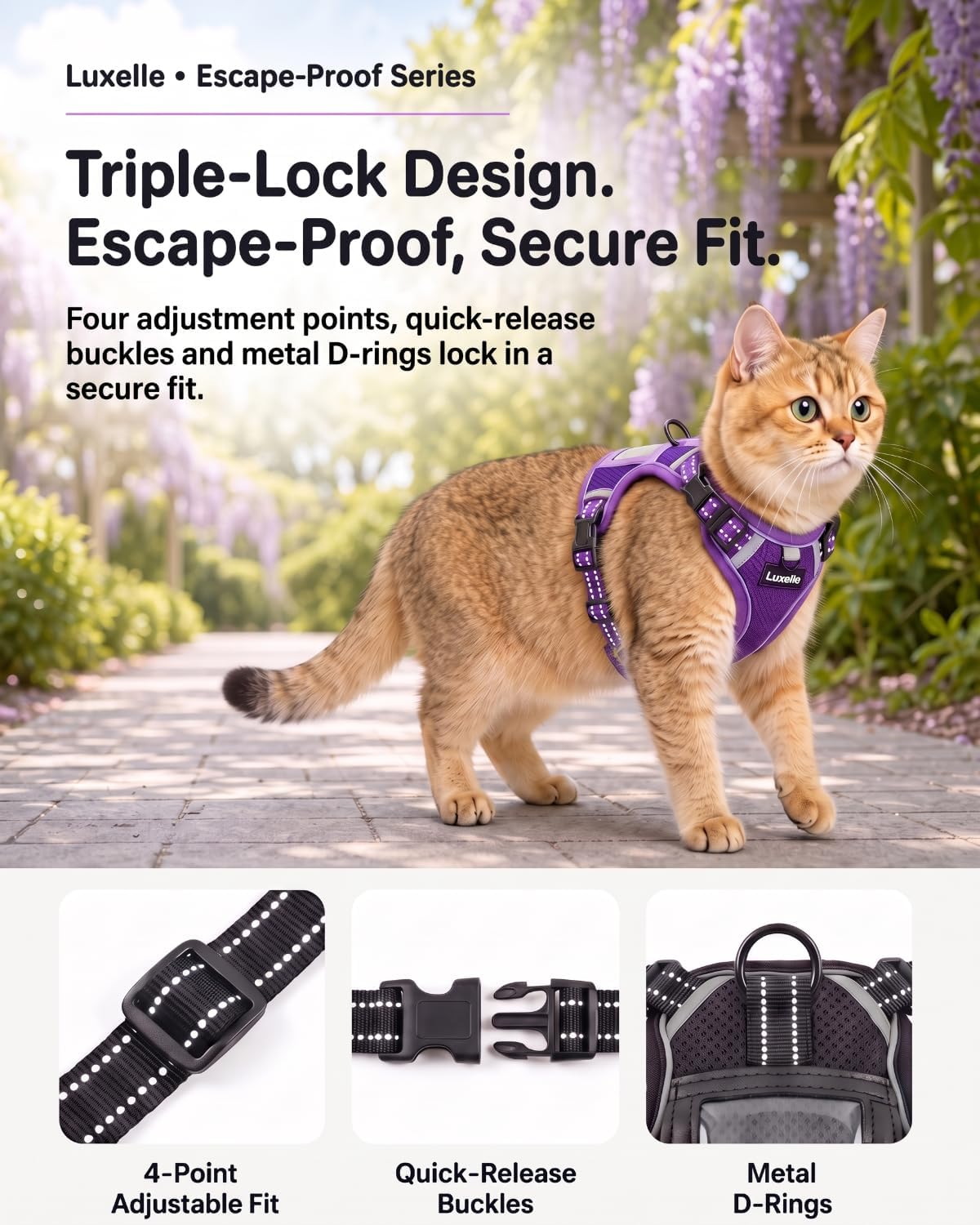 Luxelle Escape Proof Cat Harness with Retractable Leash & Wrist Strap Set