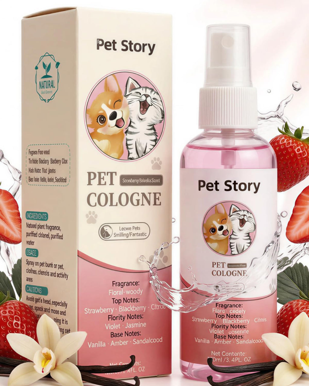 Dog Cologne Spray for Dogs & Cats, Strawberry Vanilla Pet Perfume Spray, Long Lasting Pet Odor Eliminator & Fresh Deodorizer Spray for Coat Care, 3.4 Fl Oz