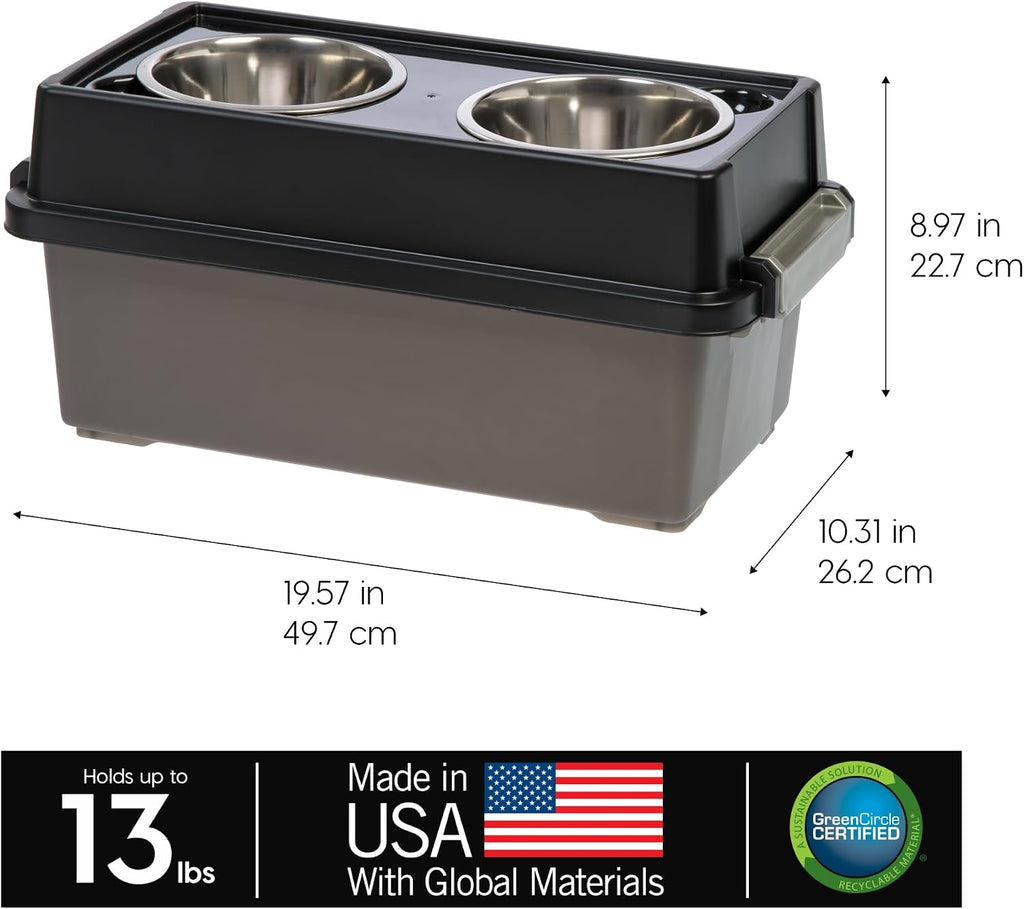 IRIS USA Elevated Dog Bowls 9" H, up to 13 lb Storage, Black, Made in USA | Comes with 2 Stainless Steel Bowls (32 oz), Elevated Feeder, Reduce Strain, Perfect for Camping & Outdoors 