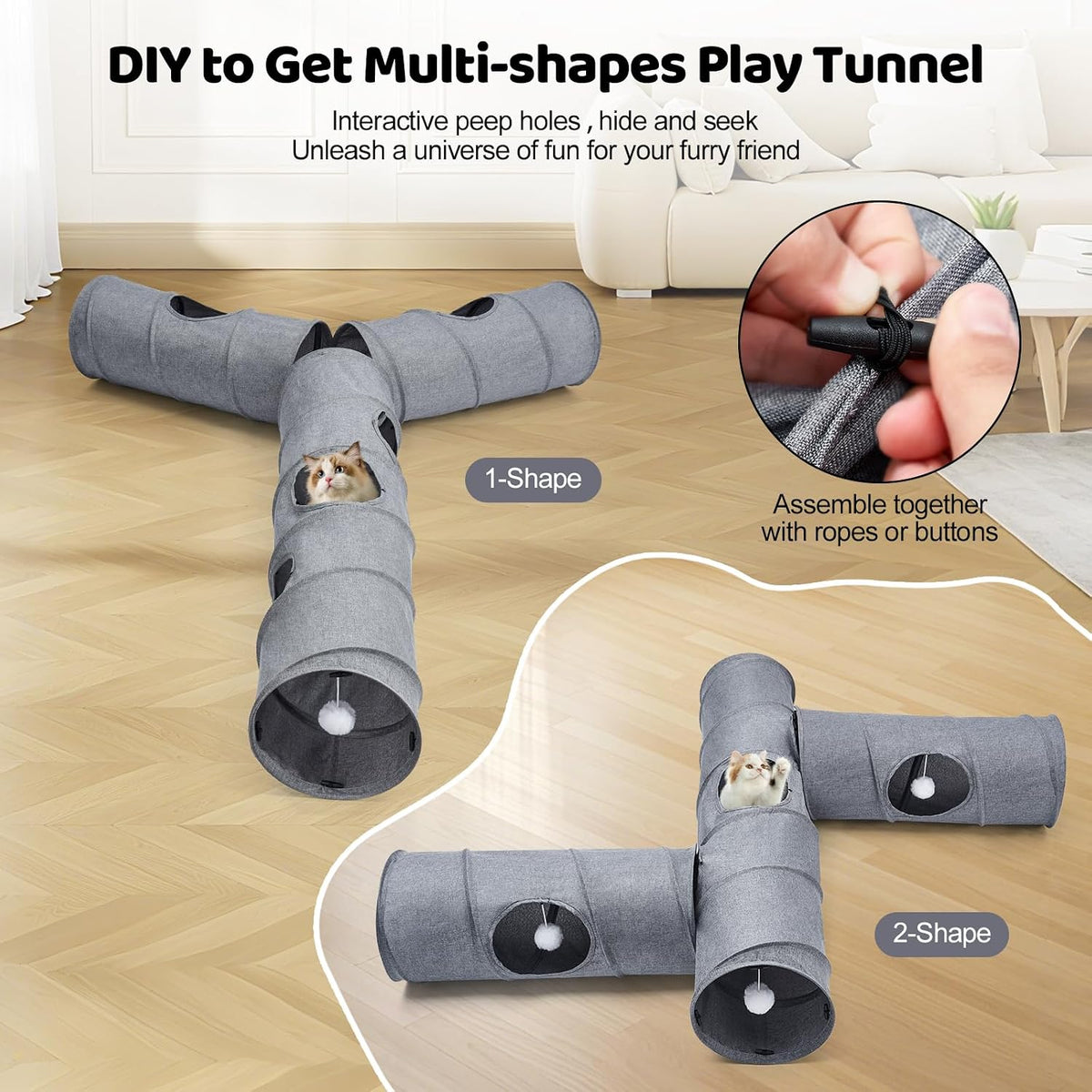 Cat Tunnel, 3 Straight Shaped Tunnels 6 DIY Shapes with Wand Toys, No Noise Scratch Resistant Cool Linen Fabric, Interactive Pet Tunnel Tube for Indoor Cats, Puppy and Rabbits