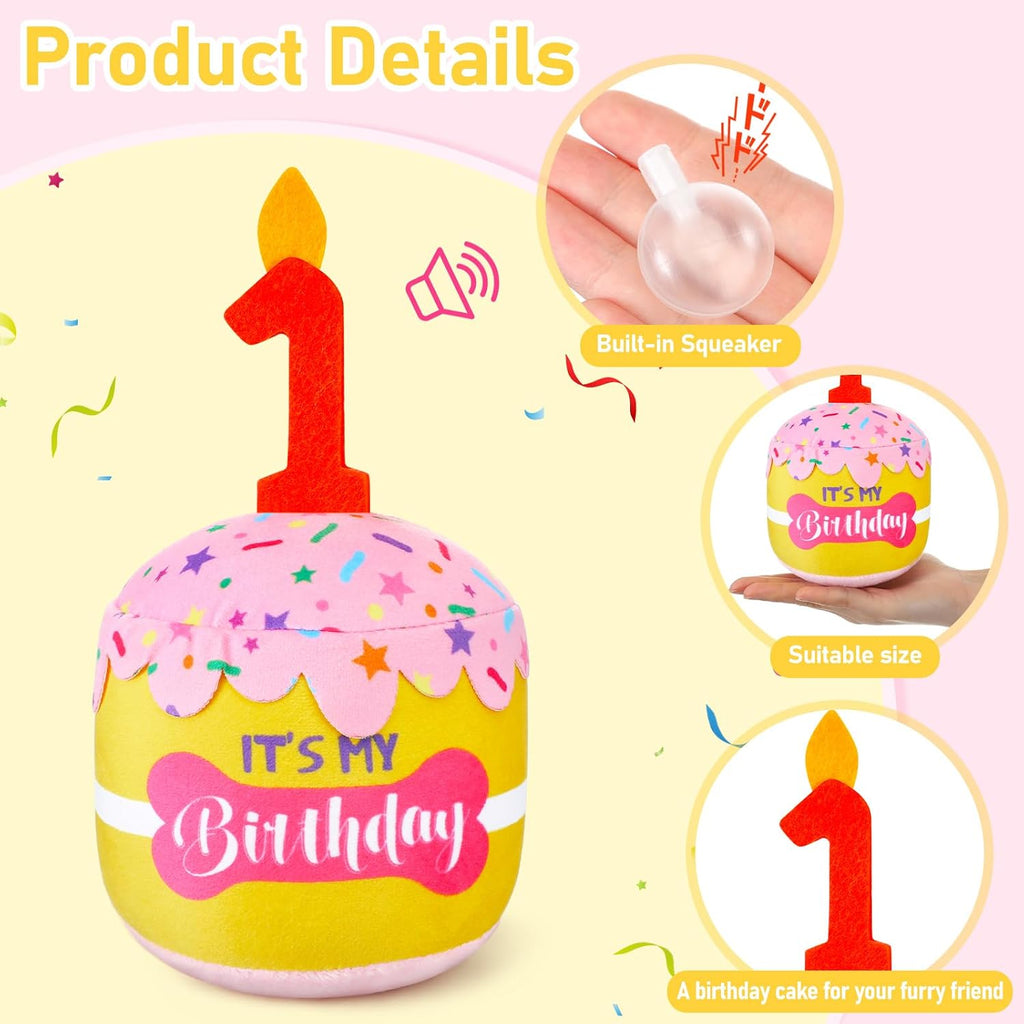 Dansydaisy Dog Birthday Cake Toy Squeaky Plush Gift,1st,Pink and Yellow | Interactive Squeaky Gift for Dogs, Dog Birthday Decor , Soft Chew for Small Medium Large Pets, Cake Design with Candle