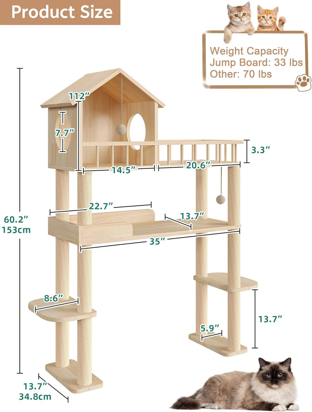 Wood Cat Tower for Automatic Litter Box, 60''H Cat Tree, 4 Tier